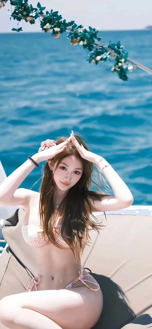 比基尼美女游艇手机壁纸｜蓝海背景 - 夏日度假「哲风壁纸」