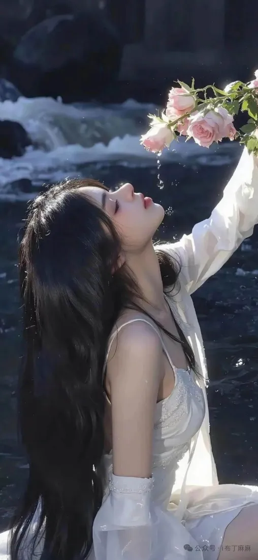 白衣美女持花手机壁纸｜水流背景 - 清新「哲风壁纸」