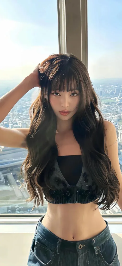 长发美女手机壁纸｜都市背景 - 露脐装「哲风壁纸」