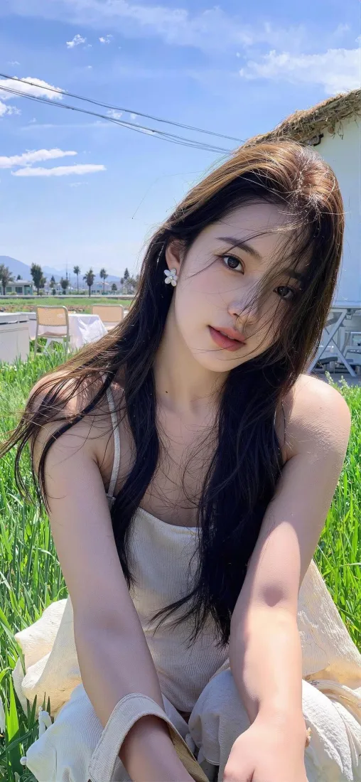 长发美女手机壁纸｜草地田园背景 - 浅吊带裙「哲风壁纸」