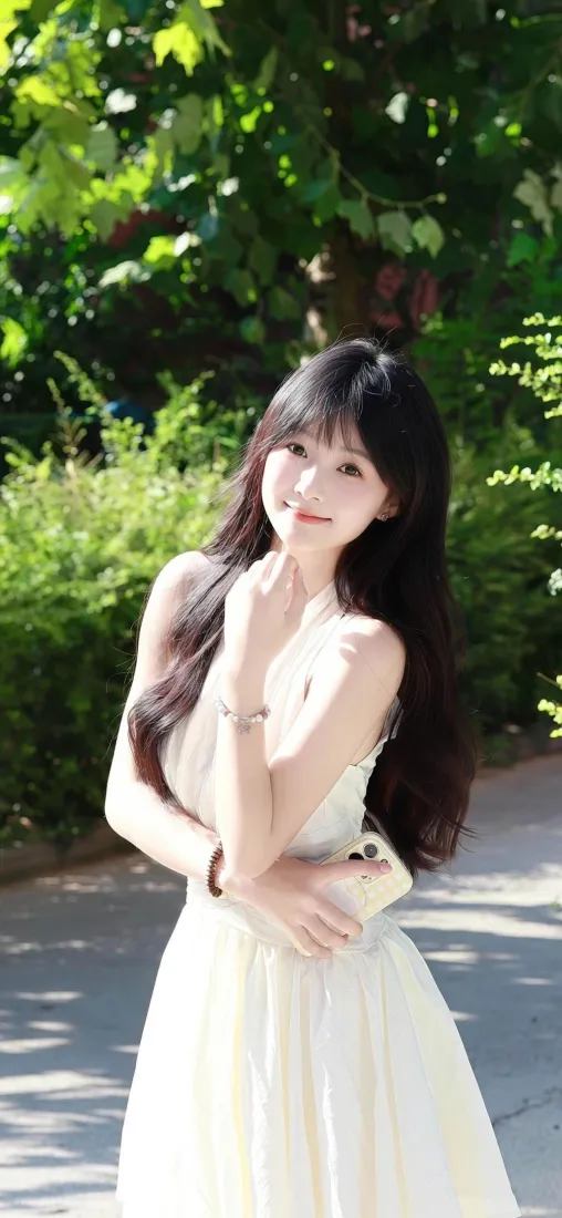 白衣美女手机壁纸｜户外绿植背景 - 白裙长发「哲风壁纸」