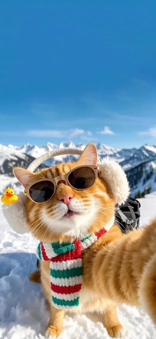 橘猫雪山自拍手机壁纸｜猫咪背景图 - 墨镜围巾「哲风壁纸」