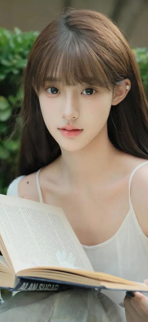 白衣美女看书手机壁纸｜户外绿植背景 - 清新「哲风壁纸」