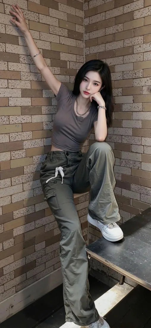酷女孩工装裤砖墙手机壁纸｜手机高清背景 - 时尚穿搭「哲风壁纸」