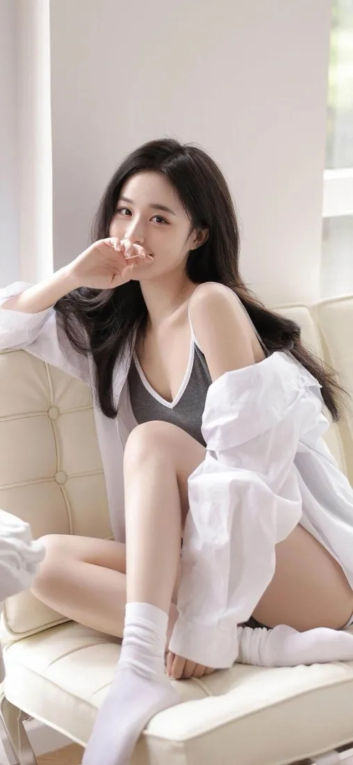 美女手机壁纸｜沙发背景图片 - 白衣白袜「哲风壁纸」