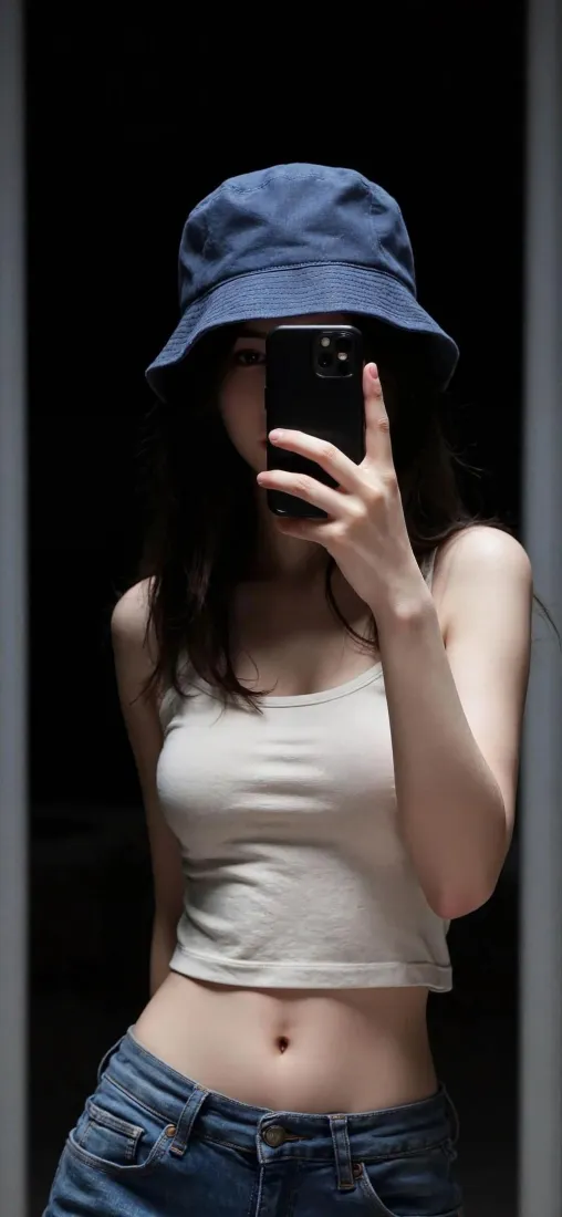 戴蓝帽美女自拍手机壁纸｜暗背景 - 白背心牛仔「哲风壁纸」
