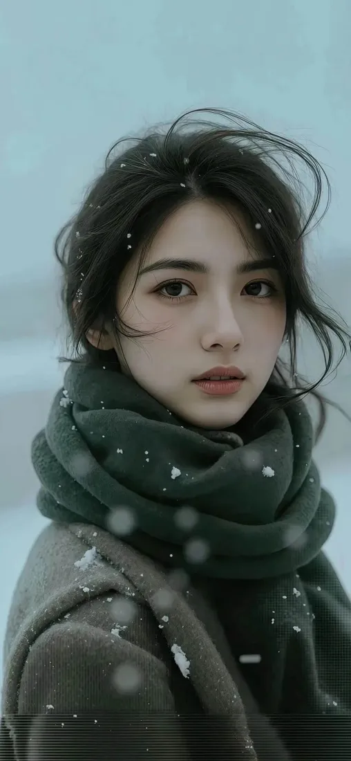 绿围巾美女手机壁纸｜冬日雪景背景图片 - 清冷「哲风壁纸」
