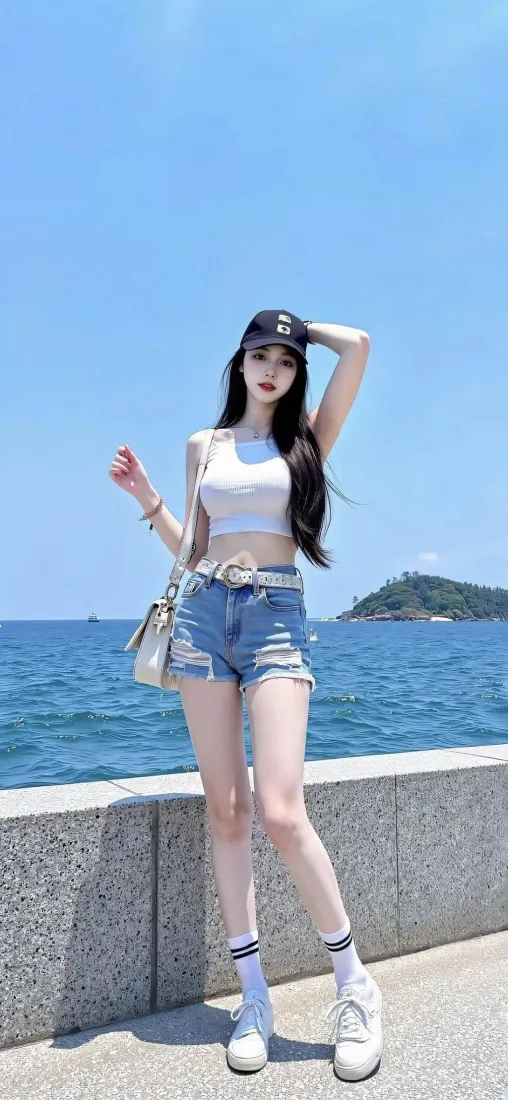 海边美女手机壁纸｜蓝天大海背景 - 牛仔短裤「哲风壁纸」