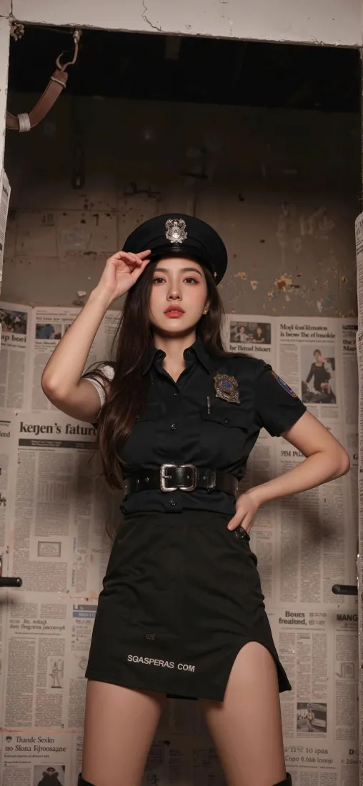 女警装美女手机壁纸｜报纸背景 - 黑衣短裙「哲风壁纸」