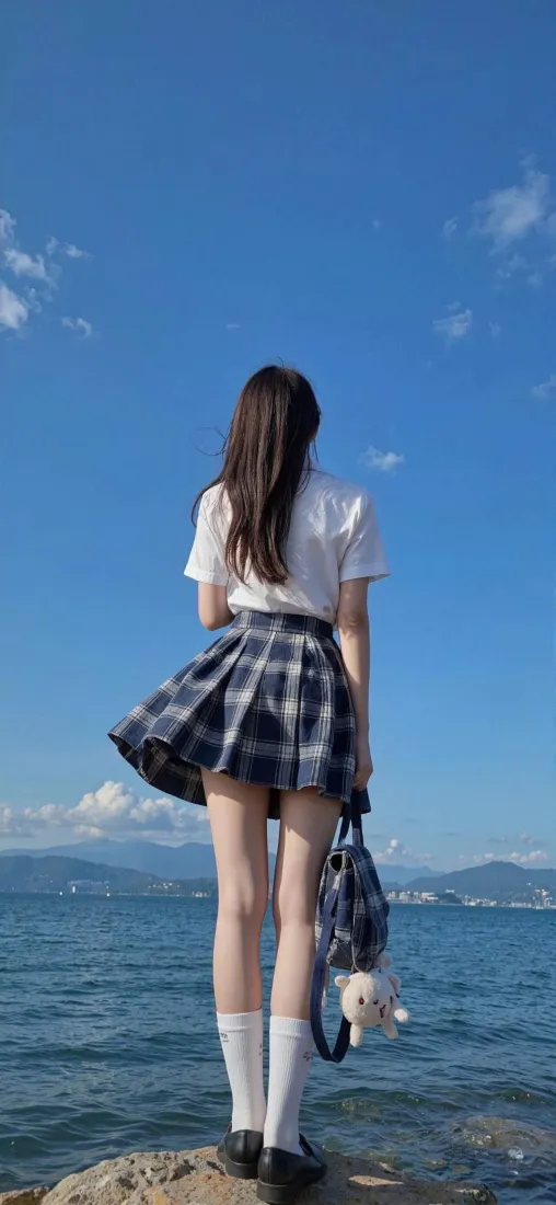 海边少女背影手机壁纸｜蓝天大海背景 - jk制服「哲风壁纸」