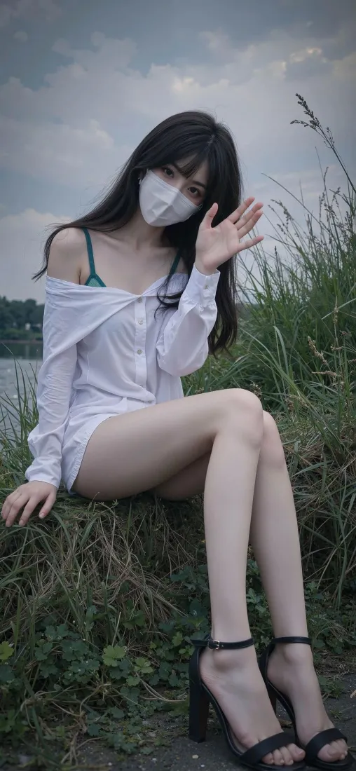 白衣口罩美女手机壁纸｜草地背景 - 高跟鞋「哲风壁纸」