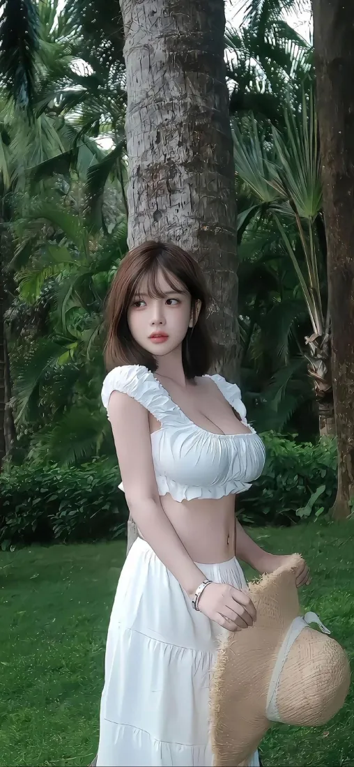 白衣美女草帽手机壁纸｜热带绿植背景 - 清新夏日「哲风壁纸」