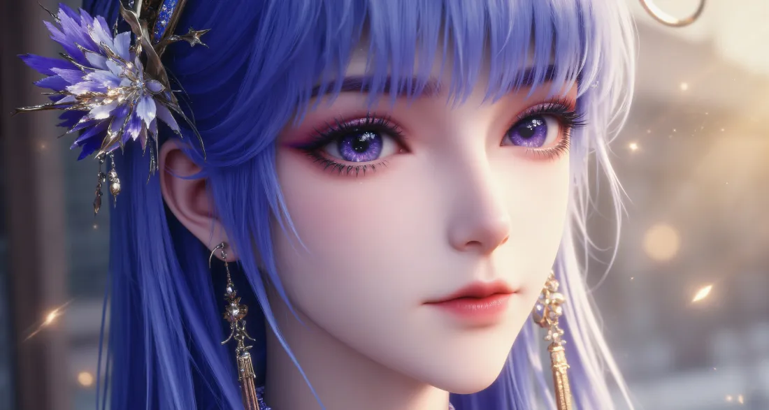 4k蓝发少女壁纸｜动漫背景 - 紫色眼眸「哲风壁纸」