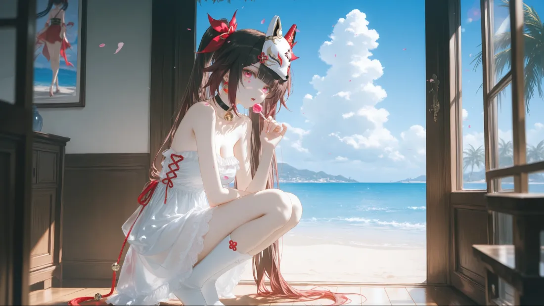 3k动漫美女海边壁纸｜白衣红纹 - 长发「哲风壁纸」