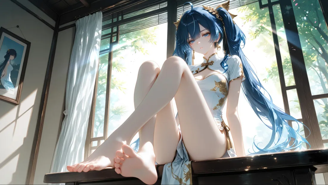 3k蓝发旗袍少女壁纸｜中式房间 - 动漫美女「哲风壁纸」