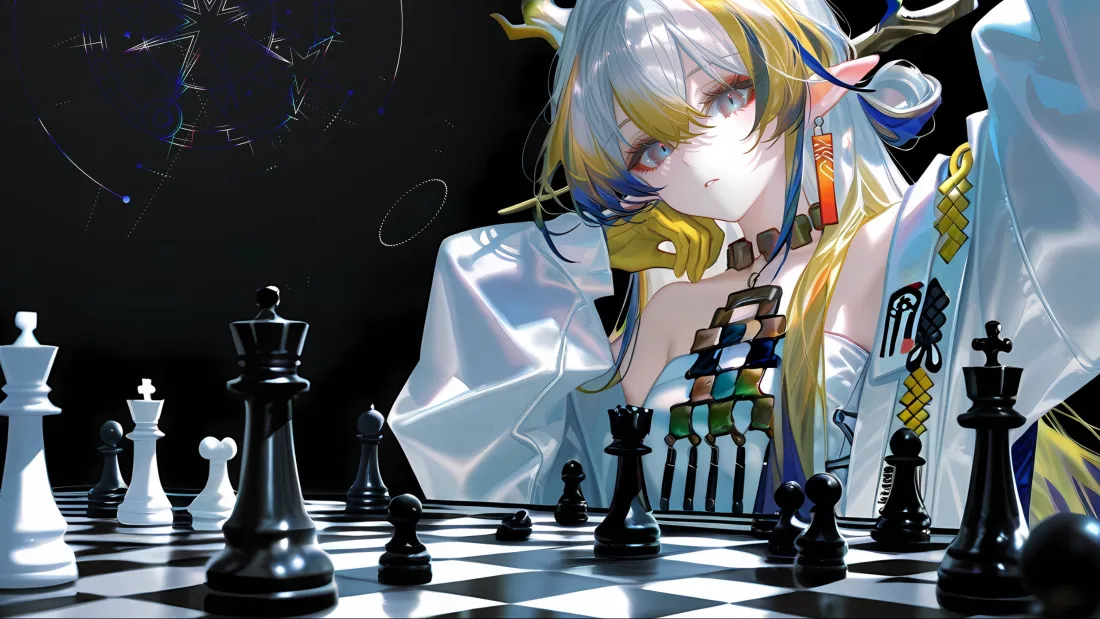 3k动漫美女象棋棋盘壁纸｜二次元背景 - 白发角饰「哲风壁纸」