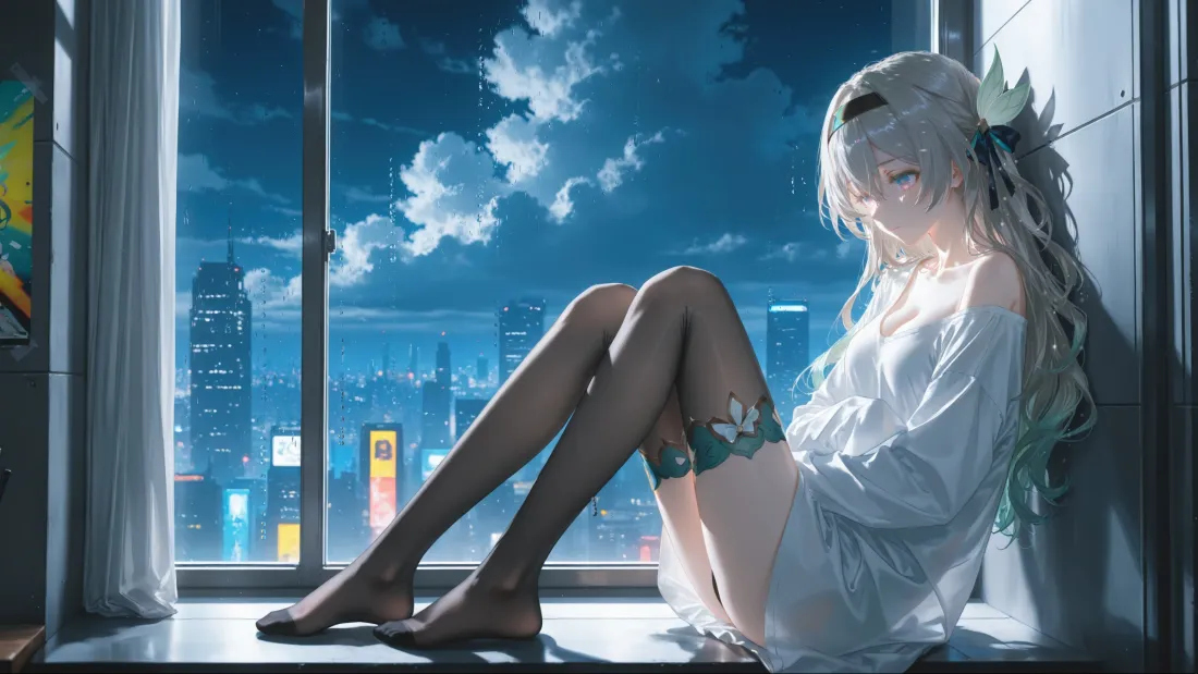 3k白发动漫美女壁纸｜城市夜景 - 白衣黑丝「哲风壁纸」