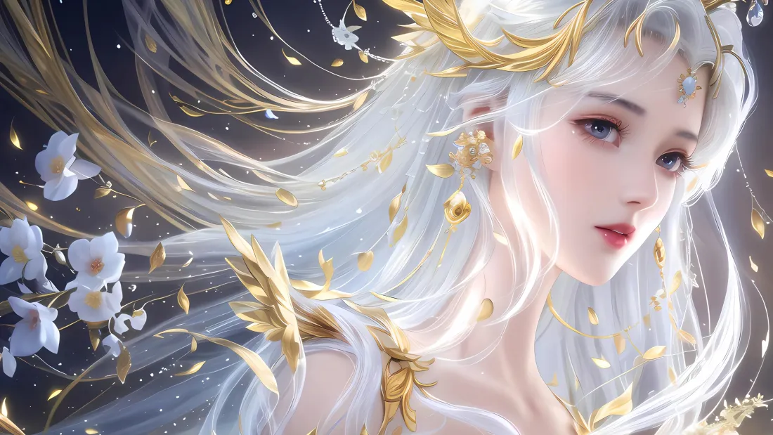 4k白发天使美女壁纸｜金色装饰背景 - 梦幻「哲风壁纸」