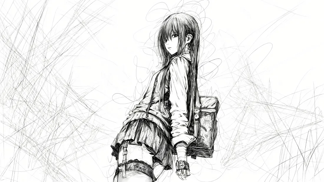 3kJK少女黑白素描壁纸｜动漫背景 - 制服「哲风壁纸」