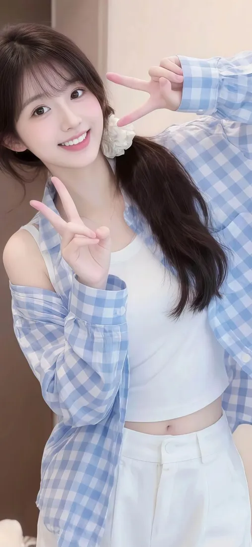 蓝白格衬衫女生手机壁纸｜甜美比耶背景 - 手机高清壁纸「哲风壁纸」