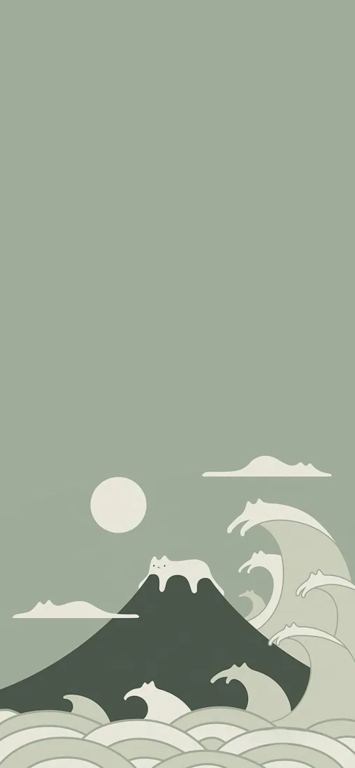 简约猫猫浮世绘手机壁纸｜灰绿背景 - 海浪山「哲风壁纸」