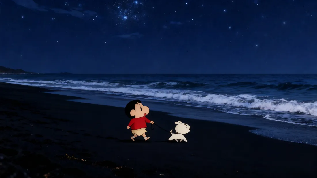 3k蜡笔小新海边夜景壁纸｜黑沙滩星空背景 - 小白「哲风壁纸」