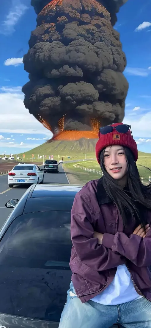 红衣帽美女手机壁纸｜火山喷发背景 - 公路汽车「哲风壁纸」