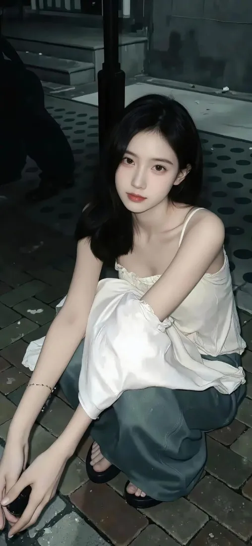 白衣美女手机壁纸｜夜晚街景 - 蓝色裤子「哲风壁纸」