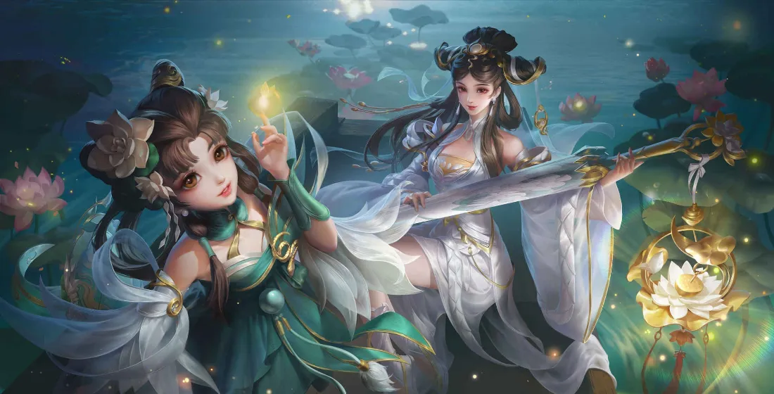 2k王者荣耀小乔大乔壁纸｜荷塘夜景 - 古风姐妹「哲风壁纸」
