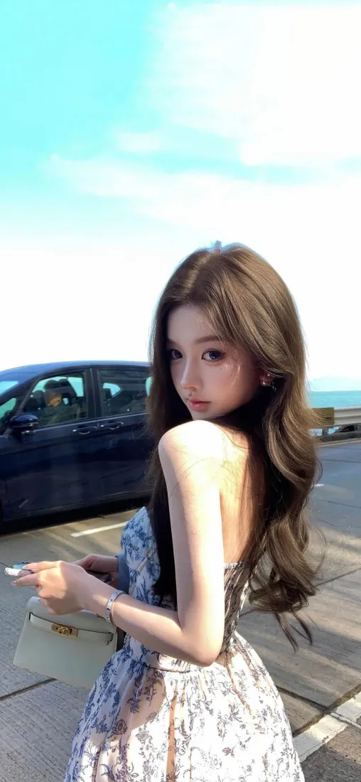 碎花裙美女手机壁纸｜海边道路 - 手机壁纸「哲风壁纸」