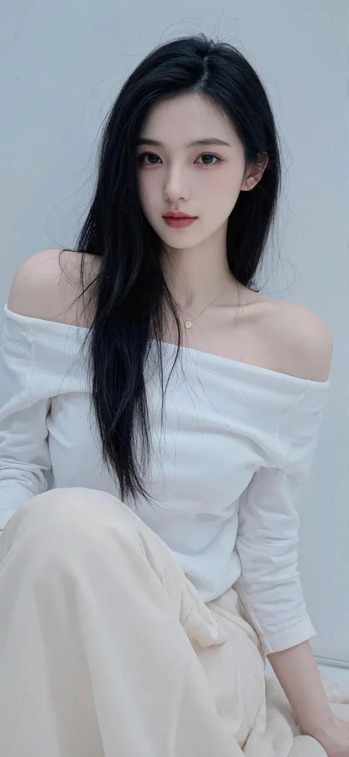 长发美女手机壁纸｜浅灰背景图片 - 清新穿搭「哲风壁纸」
