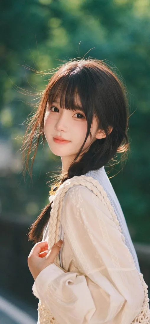 麻花辫女孩手机壁纸｜户外绿植背景图片 - 清新少女「哲风壁纸」