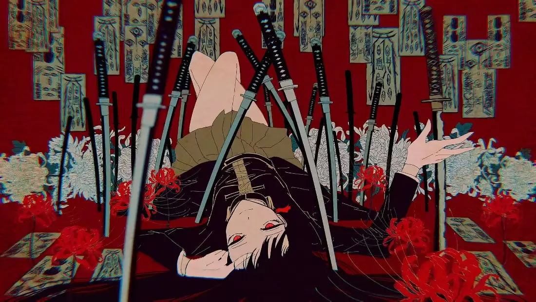 2k黑发少女武士刀壁纸｜红色背景 - 日本日元「哲风壁纸」