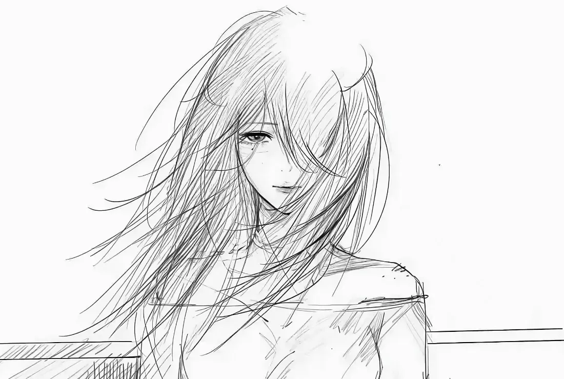 2k长发女性素描壁纸｜黑白线条背景 - 手绘「哲风壁纸」