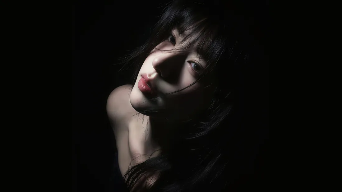 8k暗黑风仰头美女壁纸｜红唇光影 - 黑色背景「哲风壁纸」