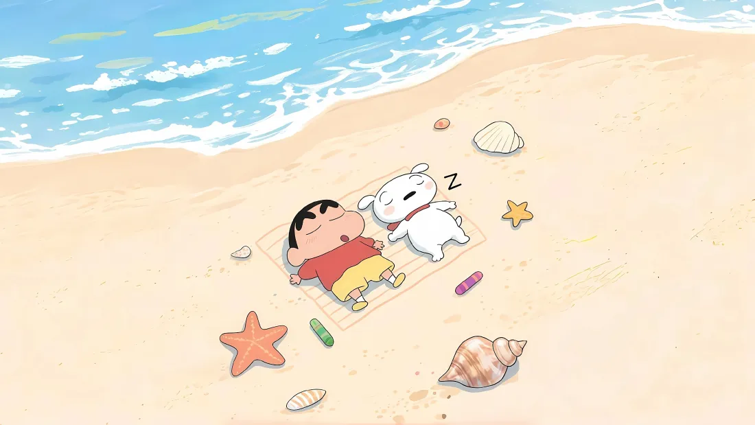4k蜡笔小新 小白 海滩睡觉壁纸｜沙滩背景图片 - 夏日「哲风壁纸」