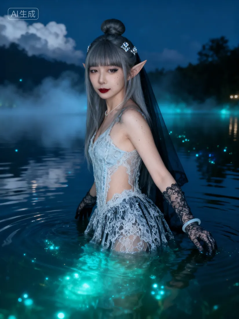 精灵真人化AIGC手机壁纸｜暗夜湖泊 - 蓝绿光效「哲风壁纸」
