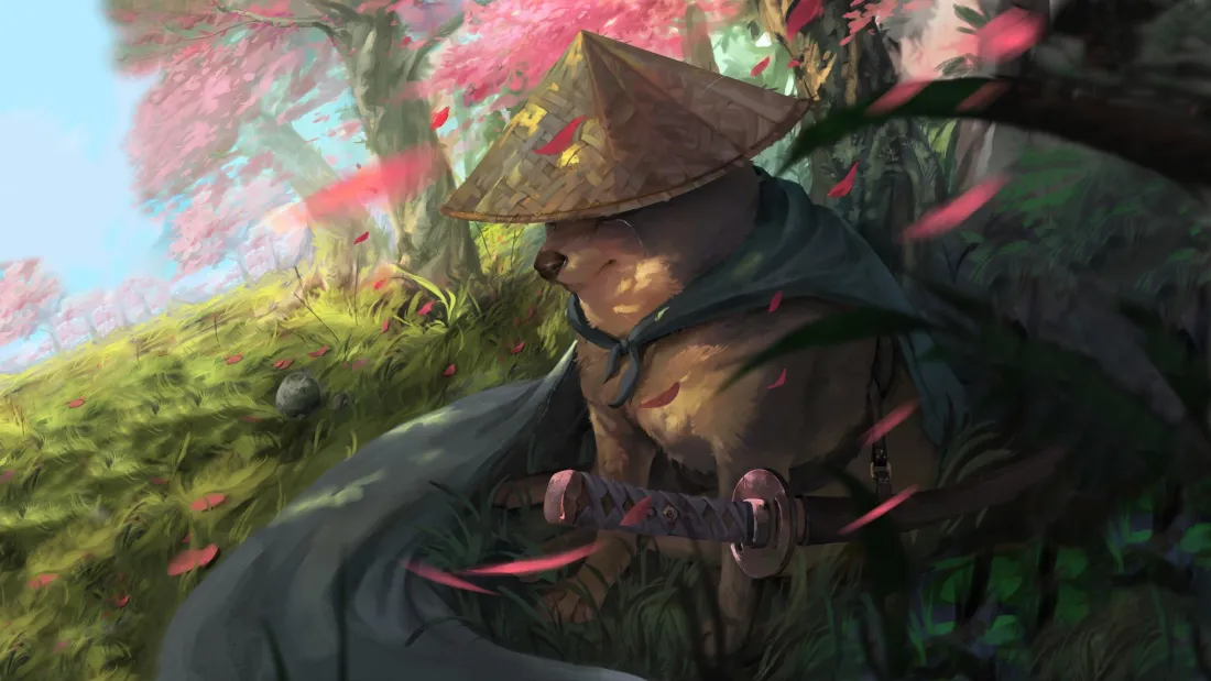 3k斗笠武士樱花古风插画壁纸｜森林背景 - 自制艺术「哲风壁纸」