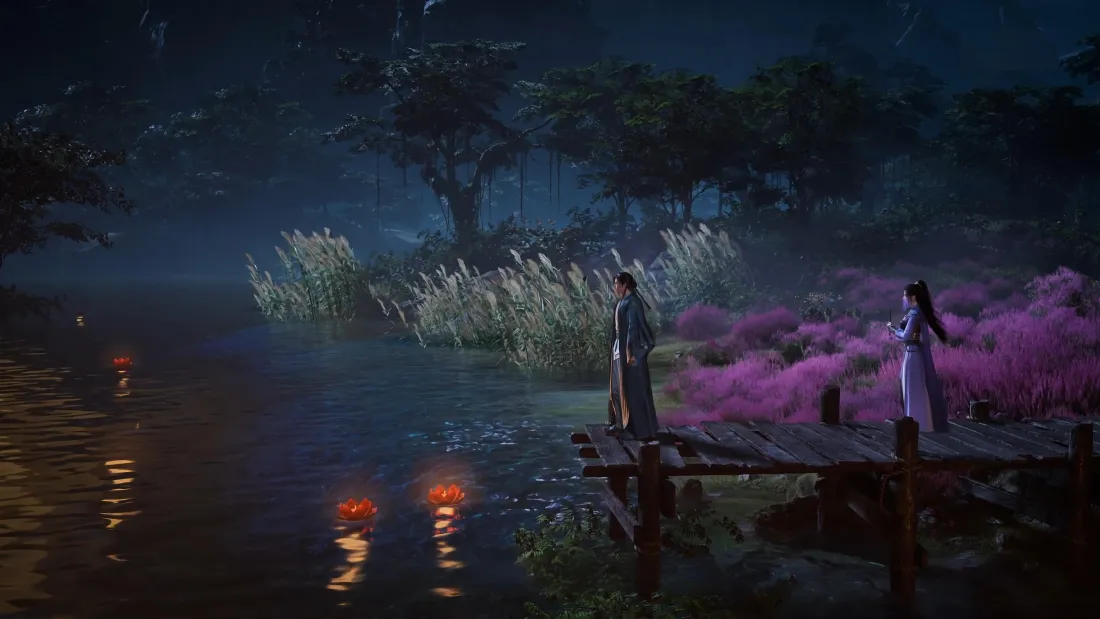 4k紫灵凡人修仙传壁纸｜夜景湖泊背景图 - 粉色花海「哲风壁纸」