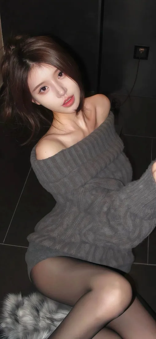 美女黑丝灰色毛衣手机壁纸｜室内 - 迷人「哲风壁纸」