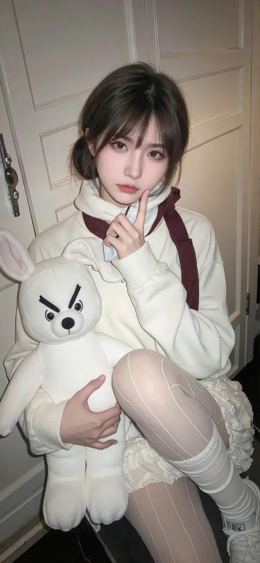 白衣美女抱兔玩偶手机壁纸｜室内可爱 - 白袜短裙「哲风壁纸」