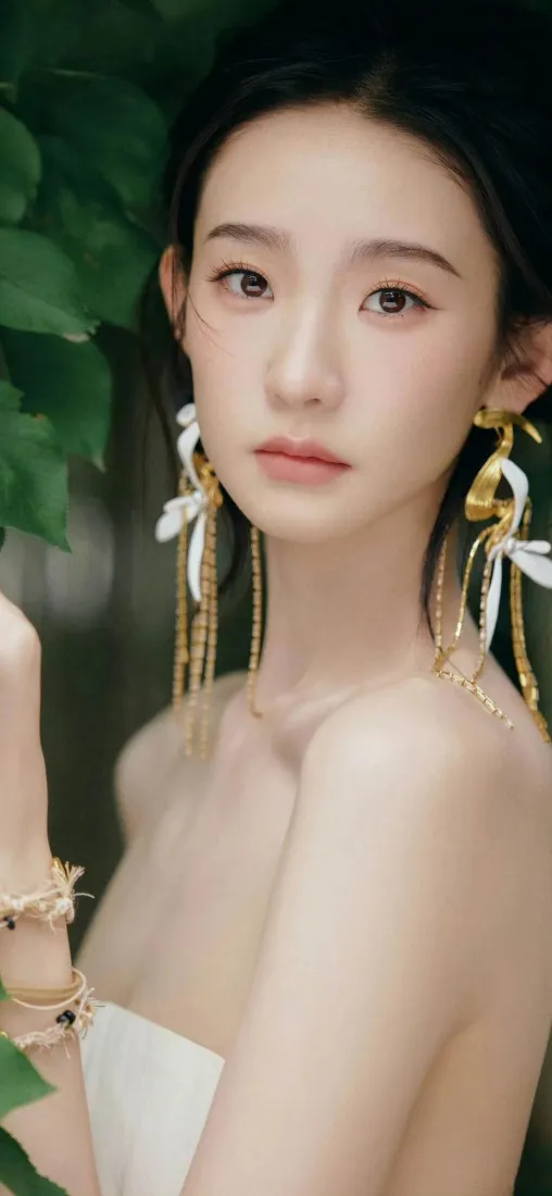 白衣美女手机壁纸｜绿叶背景 - 优雅耳饰「哲风壁纸」