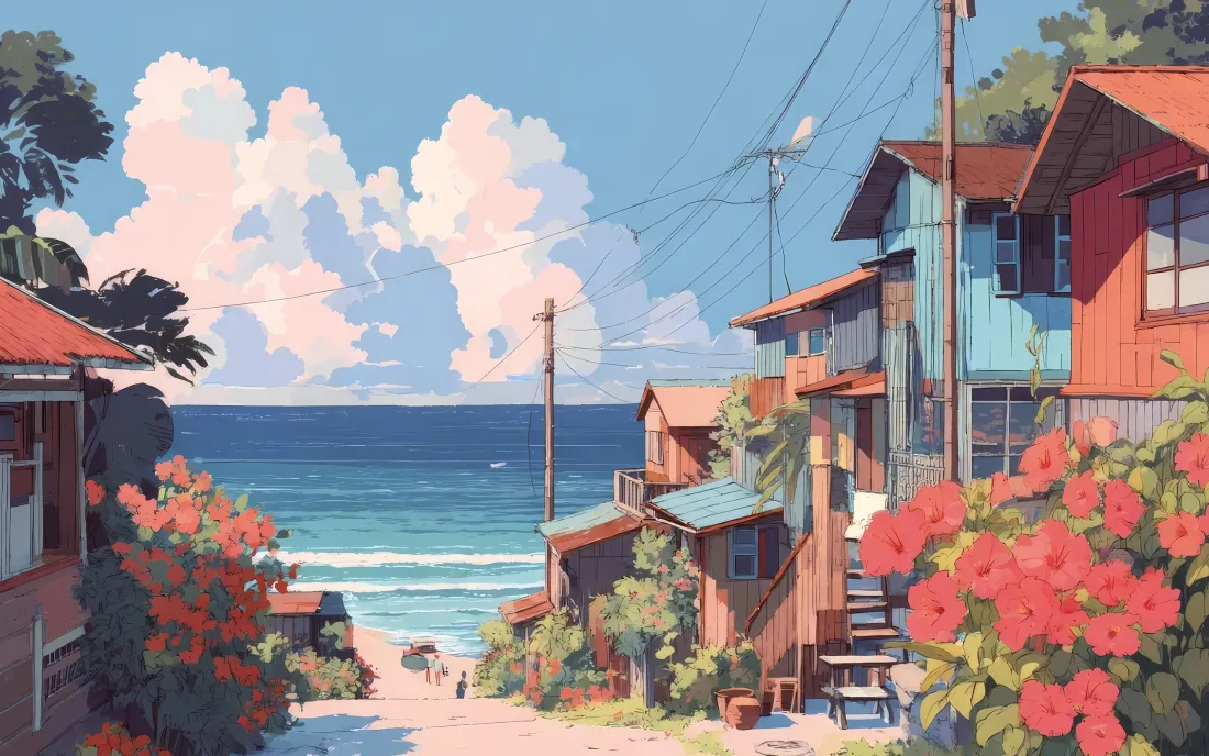 3k手绘海边房屋壁纸｜海滨街道 - 鲜花大海「哲风壁纸」