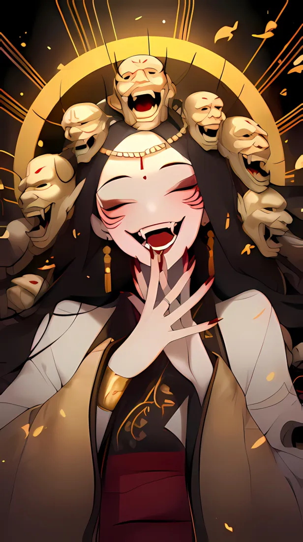 动漫美女鬼头手机壁纸｜金色背景 - 诡异笑容「哲风壁纸」