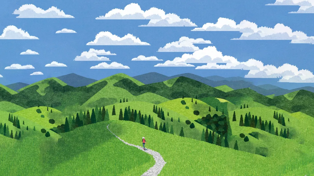2k手绘插画风山水壁纸｜绿丘蓝天 - 自然风景「哲风壁纸」