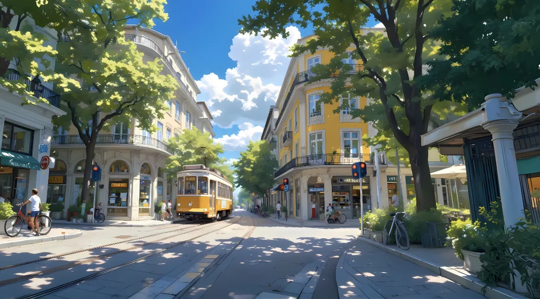2k欧式街道壁纸｜黄色电车街景 - 治愈系「哲风壁纸」