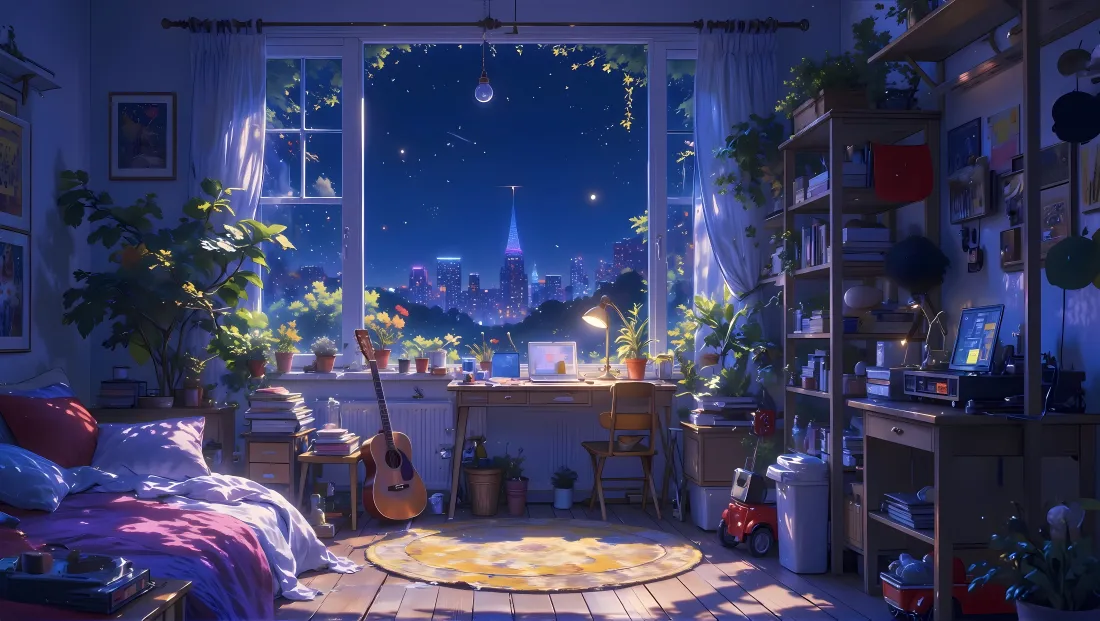 4k治愈系夜晚房间壁纸｜星空绿植背景 - 吉他书桌「哲风壁纸」