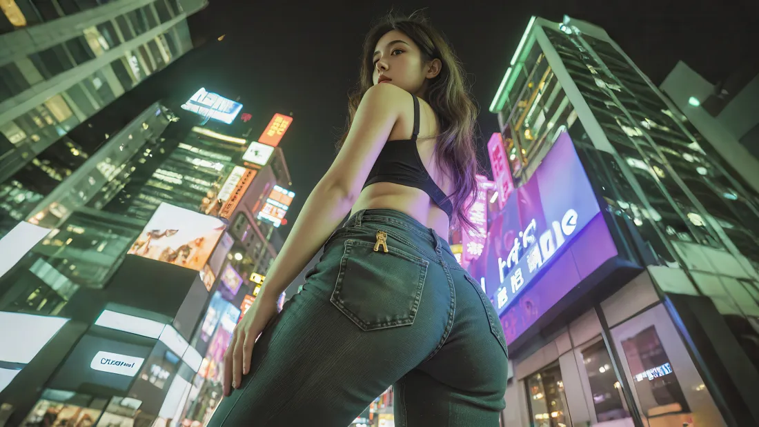 4k夜晚都市美女壁纸｜霓虹夜景 - 牛仔裤「哲风壁纸」