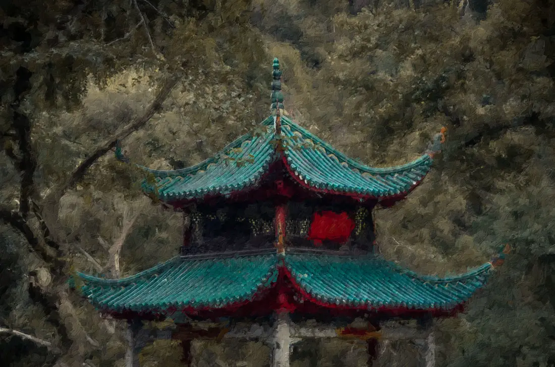 5k中式凉亭壁纸｜山林背景 - 绿顶红饰「哲风壁纸」