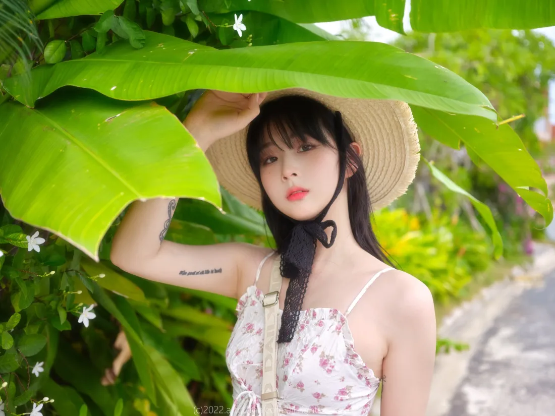 2k草帽美女碎花裙写真壁纸｜绿植背景 - 清新「哲风壁纸」